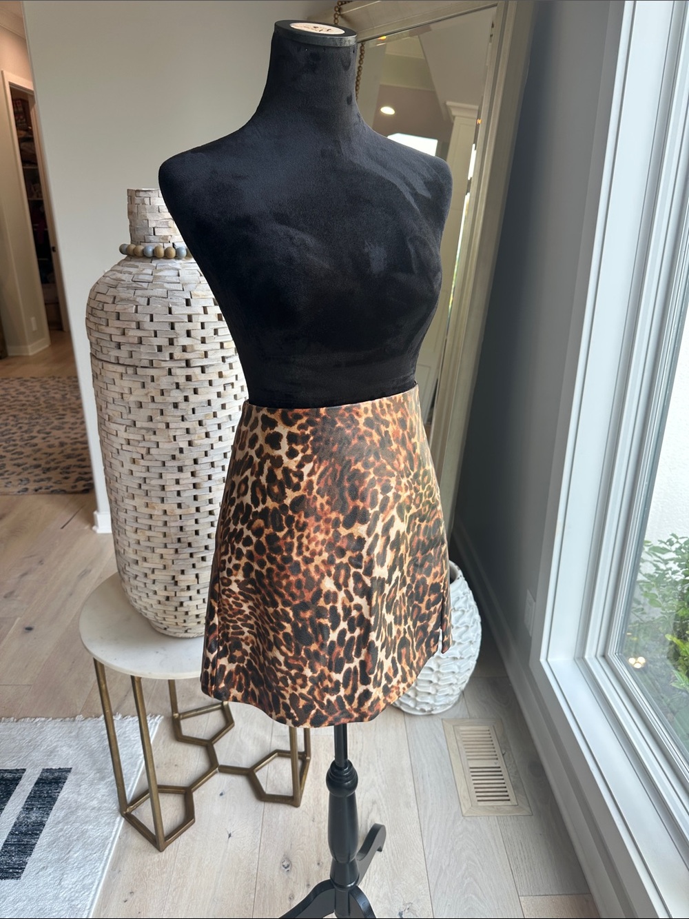 Maeve Leopard Print Faux Leather Mini Skirt in Brown